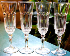 Vtg Set 4 CUT CRYSTAL Champagne Flutes OCTAGONAL PANEL CUT Multisided Stem 7.75"