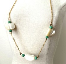 COLLIER Vintage doré perle NACRE & vert 40cm Neuf