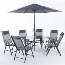 Ensemble de jardin 8 pièces avec table, 6 chaises inclinables et parasol...