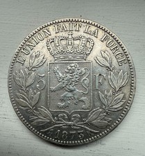 Belgium 1873 5 Francs 90% Silver Coin - Léopold II - good Fine