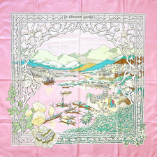 RARE HERMES Carre 90 Silk Scarf "Le Fleuve Sacre" by C. Baschet Pink Used DDP-US