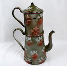 OLD LARGE ENAMELED CANVAS COFFEE MAKER WITH FLORAL DECOR 34 CM ART DECO 1920