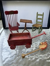 Vtg Artisan Made Dollhouse Miniatures 2 Rocking Chairs Red Wagon Tilt Table Hors
