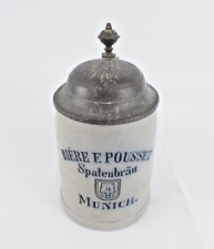 OLD ADVERTISING STONEWARE MUG BEER F. POUSET MUNICH TIN LID
