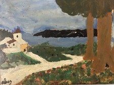 Very Beautiful Wood Panel Painting Art Raw Outsider Landscape Church Tree 1974