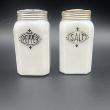 Vintage Salt Pepper Shakers - Anchor Hocking Milk Glass - Black Print