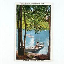 Iron River Boat Girl Postcard 1930s Linen Michigan Woman Lady Greetings MI A2475