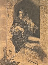 Violinist in the Belfry Window Graphite Drawing 19th Century Violin Music Bow