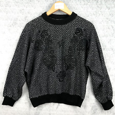 Pull Noir Blanc Femme Taille 2 chaud hiver motif rose col rond vintage italy