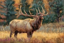 Calling Bull Elk in Meadow I by Buck Rawlins Wildlife Art Print + Free Shipping