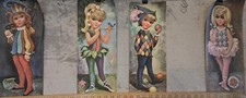Set of 4 Vintage GOJI Big Eye Harlequin Girl Children Prints MCM 15” X 6” 