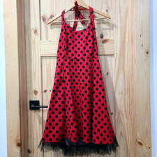 OTEN Rockabilly Pin Up Black Red Polka Dot Halter Tie Smocked Tulle Hem Dress XL