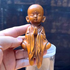 4.7" Collection Handicraft Boxwood Wood Boy Buddha Wood Carving Ornaments