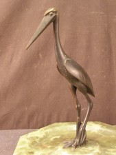 Antique Bronze Shore Bird Egret Stork Crane Heron Sculpture Statue Onyx Tray Art
