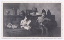 Vintage Original Photo Snapshot Child Cat Costume Indoor Sofa - SB381
