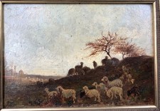 Huile sur panneau cartonné du XIXème - Le troupeau