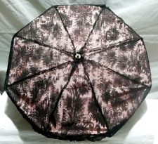 19th Century Folding Umbrella, Pink Silk Black Lace Crafted Handle Brass Ring.