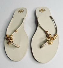 Tory Burch Capri Beaded Leather Tong Sandals White /Gold Thongs Flats 