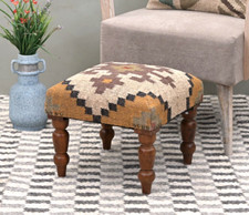 Handcrafted Acacia Wood Stool | Decorative Kilim Upholstered Pouf Footstool