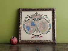 Broderie armoiries ou blason d'alliance avec cadre à la Bérain, XVIIIème