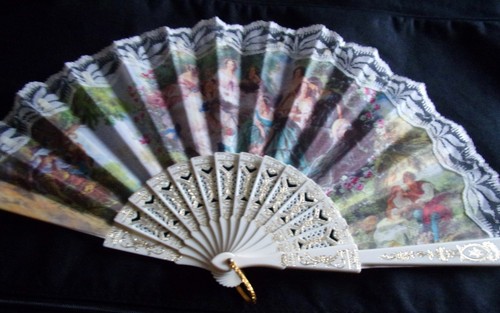 Ancien eventail tissu imprimé - eventail,