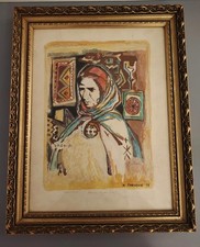 MIXED PROOF PAINTING SIGNED NOUREDINE CHEGRANE BERBER WOMAN ALGIERS VINTAGE 1978