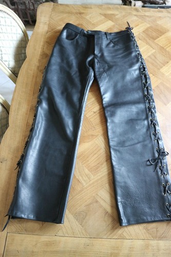 Pantalon cuir lacets moto - cuir, a