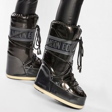 Moon Boot Vinil Met Boots Black Snow Winter Lace Up Mid Calf Sz 8-9.5 Women's