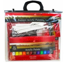 Peinture acrylique méga set - 10 pinceaux, 12 peintures, palette, 2 toiles + tampon toile 