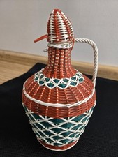 Vtg. mcm Viresa green glass bottle, woven, plastic. Scoubidou.