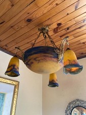 Muller Frères Lunéville Bronze Marble Glass Tulip Basin Pendant Chandelier