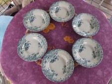 6 Assiettes Creuses anciennes Porcelaine Opaque Gien Modèle Floréal Bleu 23,5cm