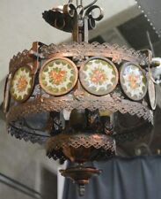 Gorgeous French 1970 MEtAL Bronze patina Faience plaques floral Chandelier  