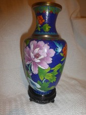 VASE LAITON METAL EMAIL CLOISONNE FLEURS  OISEAUX  CHINE ?JAPON? SUR SOCLE BOIS