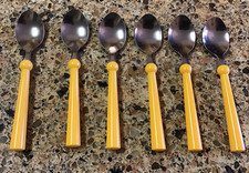 IKEA GRAMMATIK ~ 6 Teaspoons / Dessert 5-7/8” ~ Yellow Plastic Handle Flatware