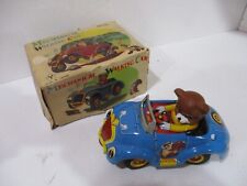 TEDDY BEAR WALKING CAR-WIND-UP-MINT IN BOX - Made In Japan- Works All Tin-