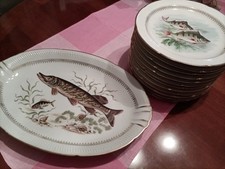 Service à poisson en porcelaine estampillé PF - 12 assiettes, plat,Sans sauciére
