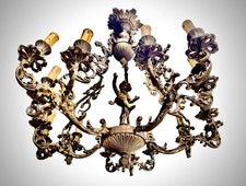 Lustre baroque en bronze 15 lumières avec putto décoratif - ancien