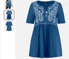 ULLA POPKEN BLUE Embroidered Front A-line Fit Cotton Top - Plus UK Size 32 - 34