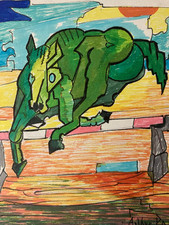 Beau Dessin Arthur Pol Feutre Sur Papier cheval Chevaux Obstacle 1980 Animaux