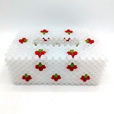 Vintage Handmade Crafted Folk Art Beaded Tissue Box Cover Holly Christmas Berry