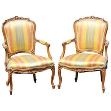 Pair of Louis XVI Style Carved Walnut Fauteuils Arm Chairs 