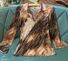 Vintage Janette Collared Top Small Long Sleeve Brown Abstract V Neck 90s Y2K 70s