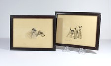 Antique Pair LEON DANCHIN FOX  TERRIER PRINTS Dog Illus Etching Frames Signed