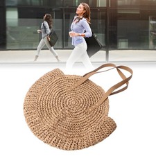 Straw Handbag Hand Woven Beach Bag Khaki Round Shape Bag For Women Travel
