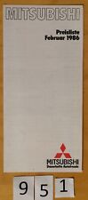 MITSUBISHI PREISLIST 02/1986 Prospectus 4 pages D Pajero Starion Colt Tredia...