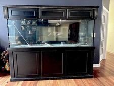 used 250gal aquarium tank w/stand, 2 lg filters, 3 LED lights, 6 outlets etc