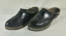 Antique Pair of Wooden Leather Floral Decor Clogs Art-Populaire Galoches
