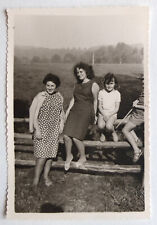 Women, family, sitting fence wood fields countryside - old photo snapshot