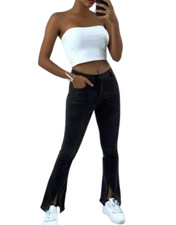 Pantalon Jeans Patte d’Eléphant Noir Evasé Délavé Extensible avec Fente T XL/42